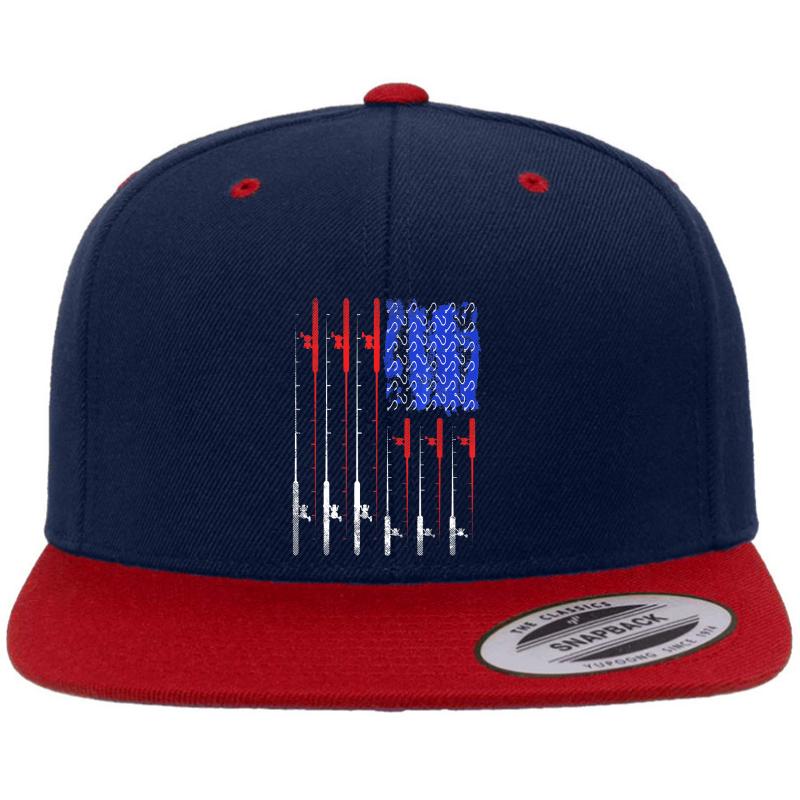 American Flag Fishing Rod Usa Premium Flat Bill Snapback Cap  Navy