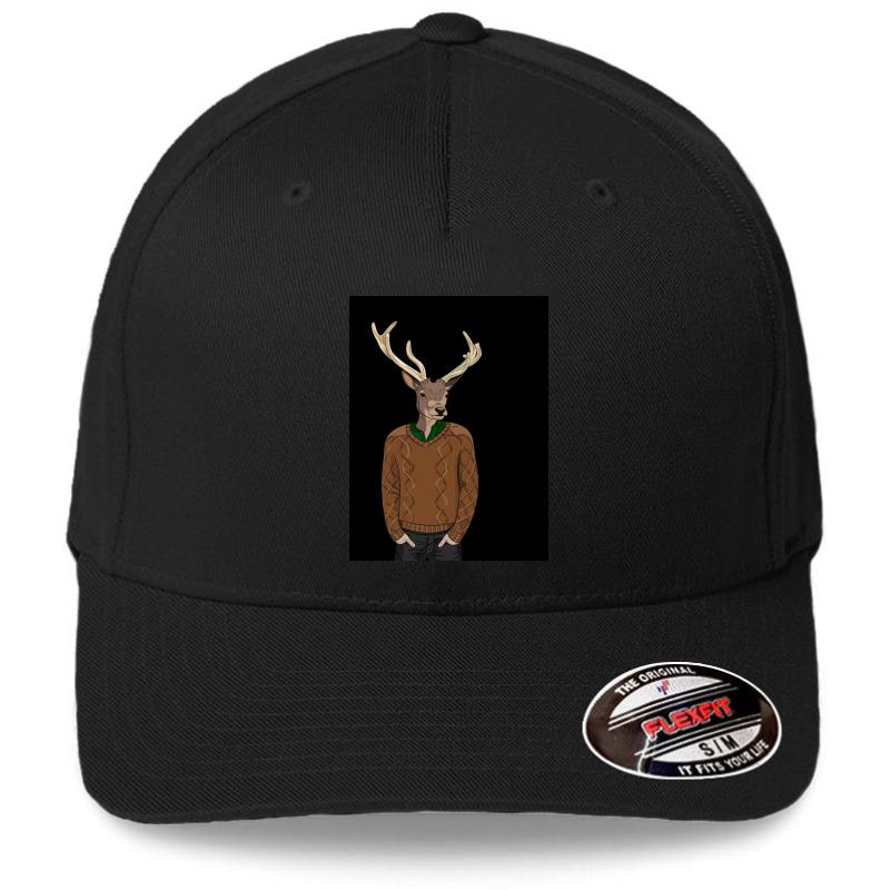 Anthropomorphic Hipster Deer Man Print Flexfit Baseball Cap  Black