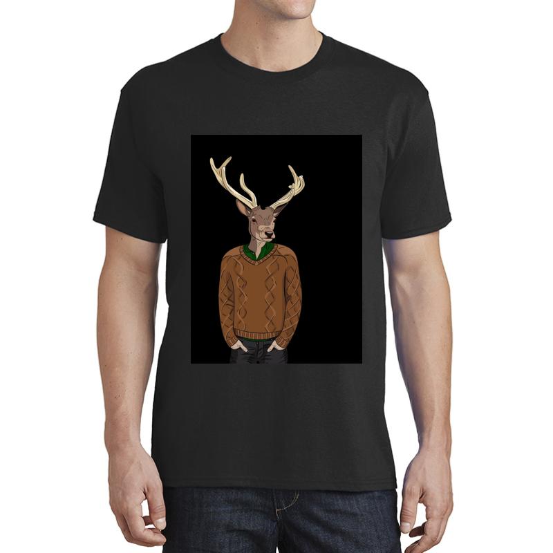 Anthropomorphic Hipster Deer Man Print Unisex T-Shirt Men Black