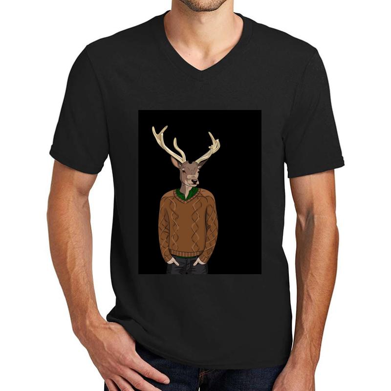 Anthropomorphic Hipster Deer Man Print Unisex V-Neck T-Shirt Men Black