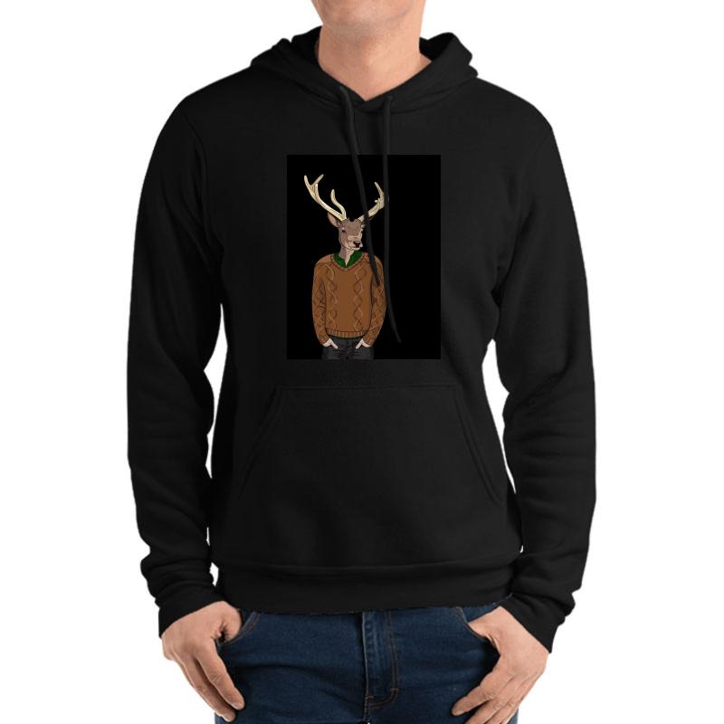 Anthropomorphic Hipster Deer Man Print Unisex Hooded Sweatshirt Men Black