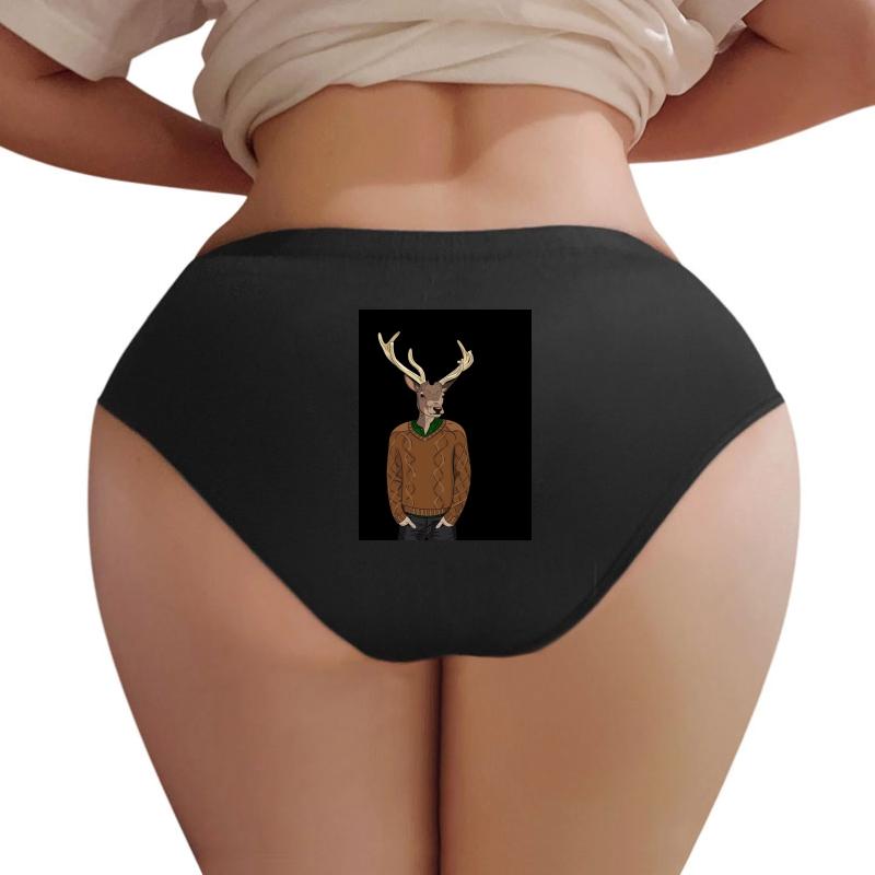 Anthropomorphic Hipster Deer Man Print Women Underwear Panties Women Black