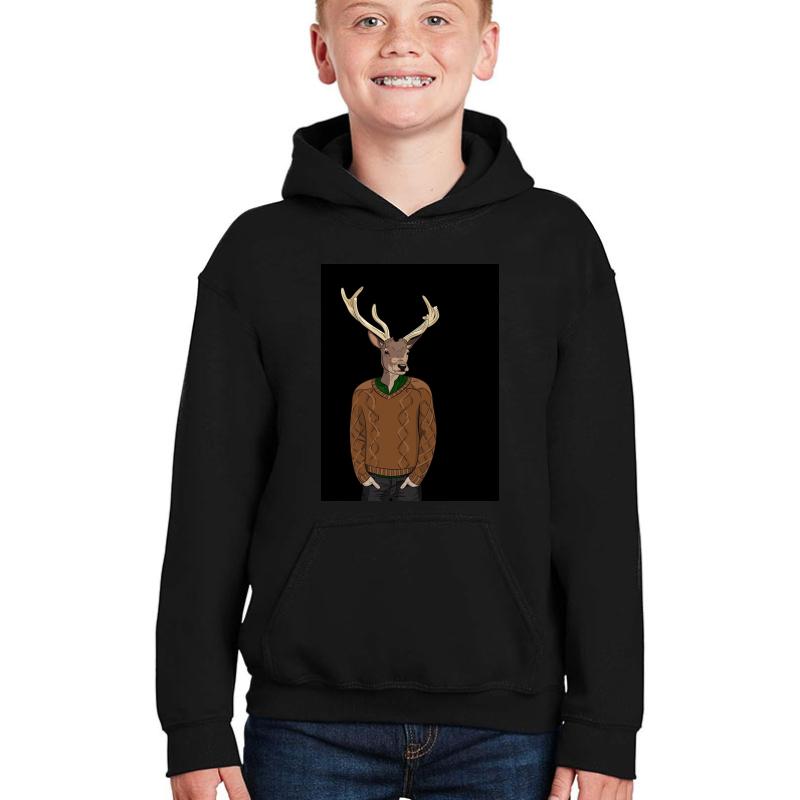 Anthropomorphic Hipster Deer Man Print Youth Hooded Sweatshirt Boy Black