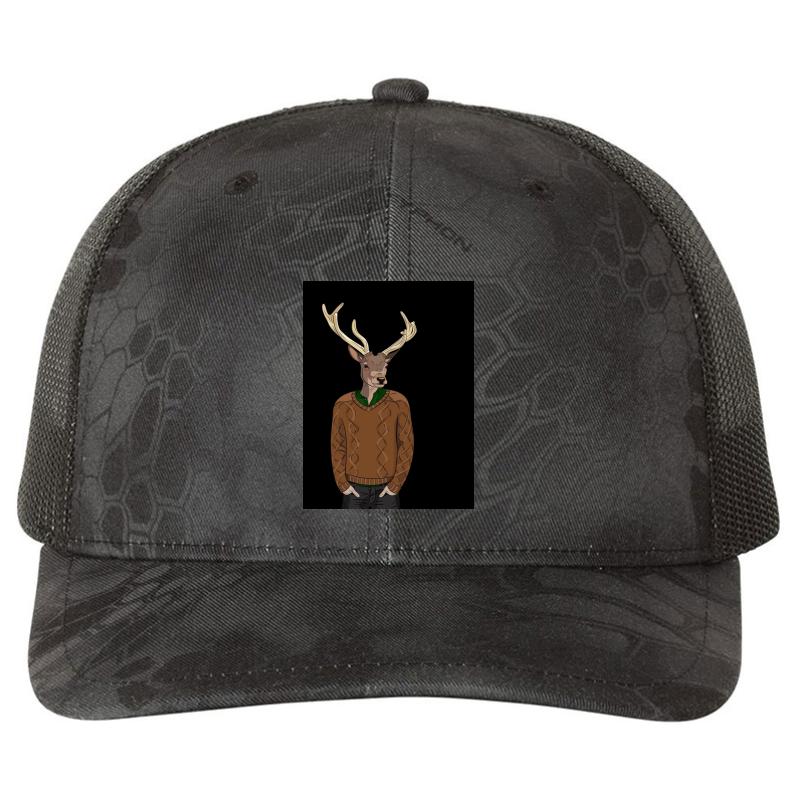 Anthropomorphic Hipster Deer Man Print Richardson Premium Trucker Snapback Cap  Kryptek Typhon Black