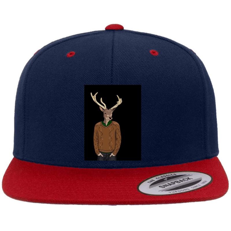 Anthropomorphic Hipster Deer Man Print Premium Flat Bill Snapback Cap  Navy