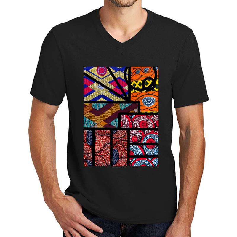 African Print Unisex V-Neck T-Shirt Men Black