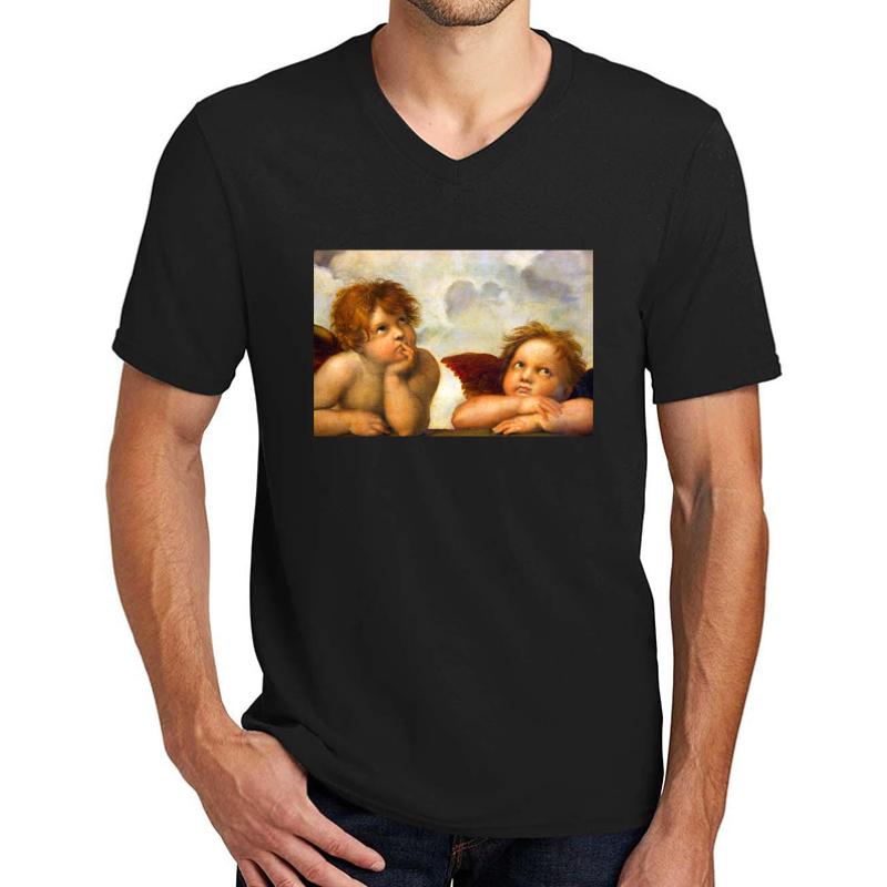 Angels Cherubs Raphael Santi Sistine Madonna Sweet Unisex V-Neck T-Shirt Men Black