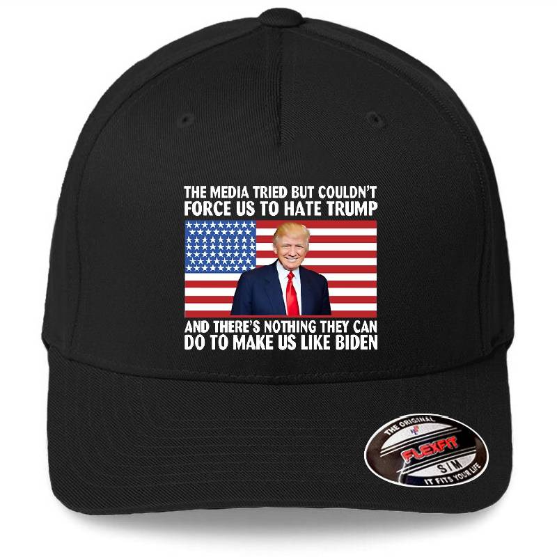 THE MEDIA TRIED BUT COULDN’T FORCE US TO HATE TRUMP AND THERE’S NOTHING THEY CAN DO TO MAKE US LIKE BIDEN Premium Flat Bill Snapback Caps