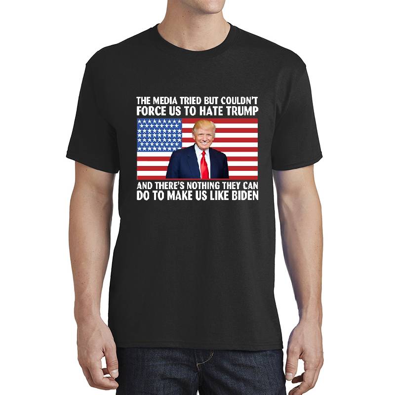 THE MEDIA TRIED BUT COULDN’T FORCE US TO HATE TRUMP AND THERE’S NOTHING THEY CAN DO TO MAKE US LIKE BIDEN Premium Flat Bill Snapback Caps