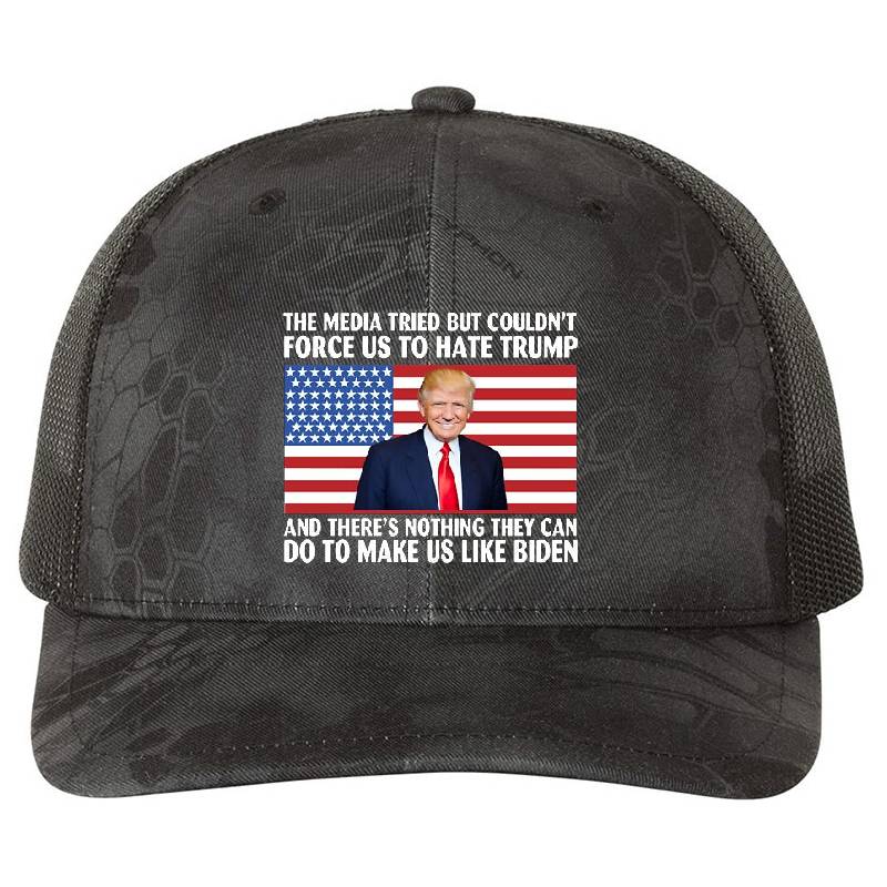 THE MEDIA TRIED BUT COULDN’T FORCE US TO HATE TRUMP AND THERE’S NOTHING THEY CAN DO TO MAKE US LIKE BIDEN Premium Flat Bill Snapback Caps