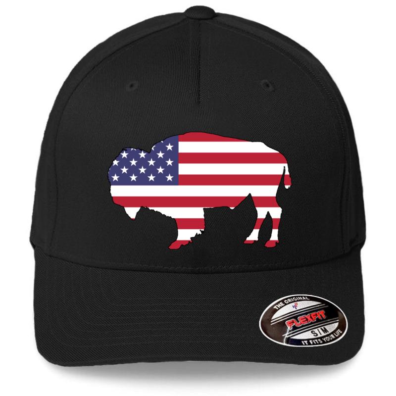 American Flag Bison Flexfit Baseball Cap  Black