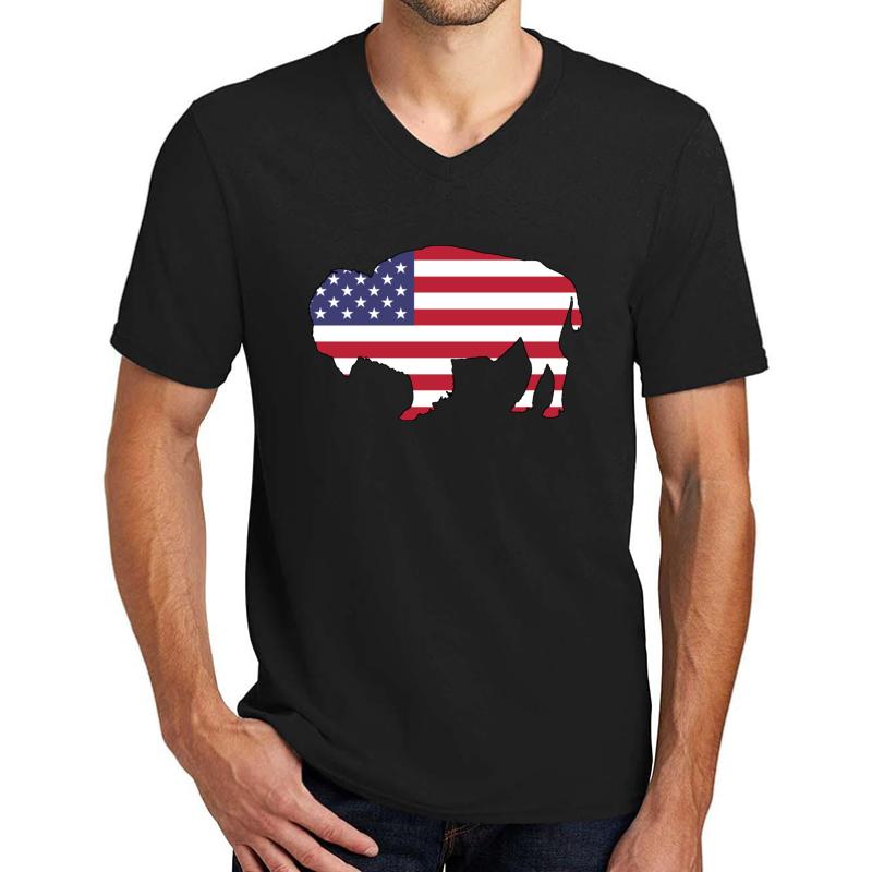 American Flag Bison Unisex V-Neck T-Shirt Men Black