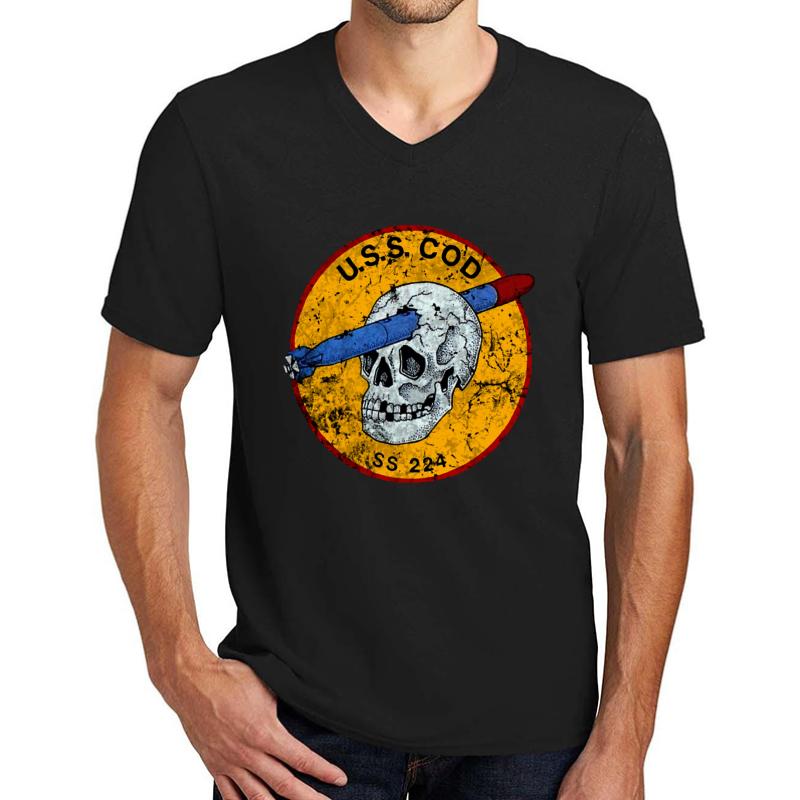 U.S.S. Cod Submarine Navy Wwii Skull Logo Unisex V-Neck T-Shirt Men Black