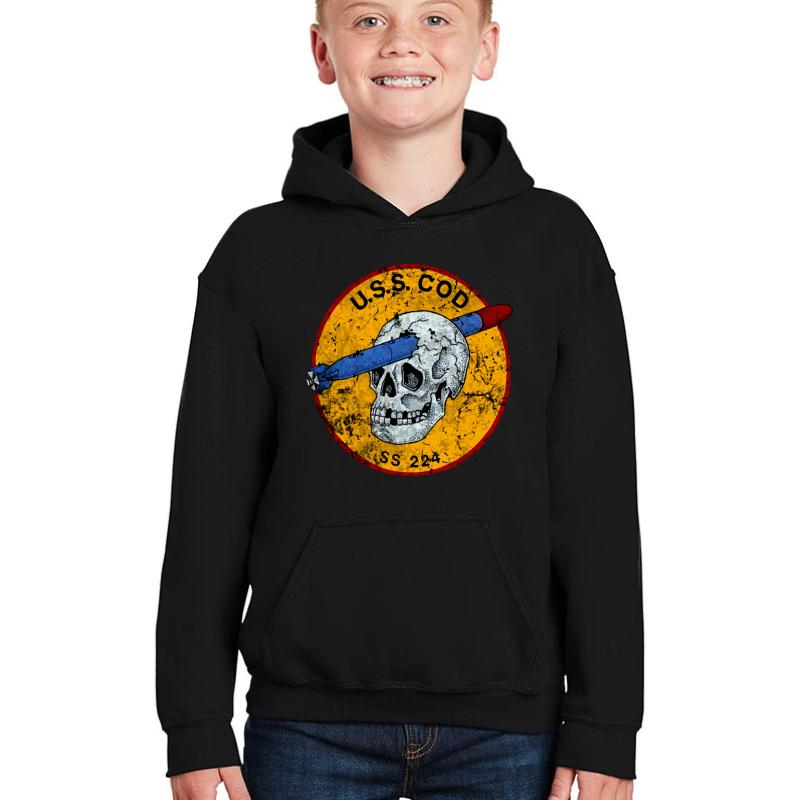 U.S.S. Cod Submarine Navy Wwii Skull Logo Youth Hooded Sweatshirt Boy Black