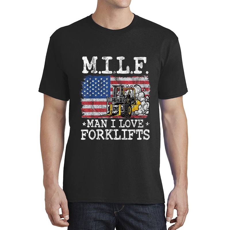 M.I.L.F. Man I Love Forklifts American Flag Forklift Driver Unisex V-Neck T-Shirts