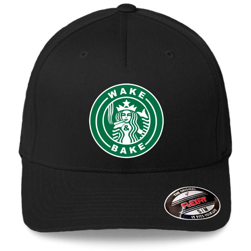 Wake & Bake Starbucks Logo Flexfit Baseball Cap  Black