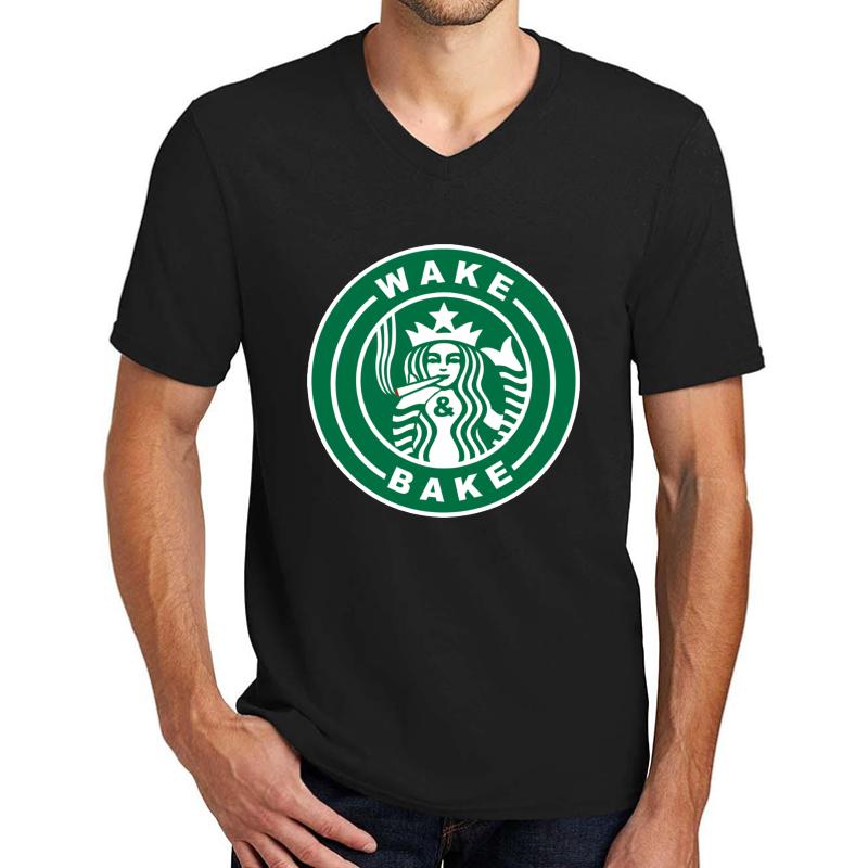 Wake & Bake Starbucks Logo Unisex V-Neck T-Shirt Men Black