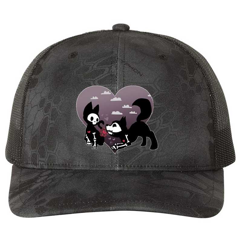 Skelanimals Kit the Cat x Jae the Wolf Heart designed and sold by ChillyKitty. Flexfit Baseball Caps