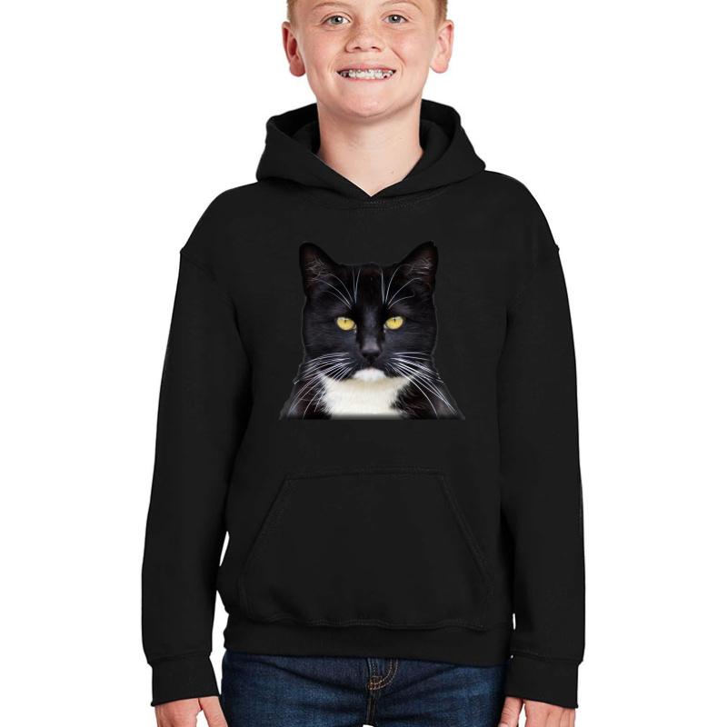 Tuxedo Black & White Kitty Cat Golden Eyes Youth Hooded Sweatshirt Boy Black