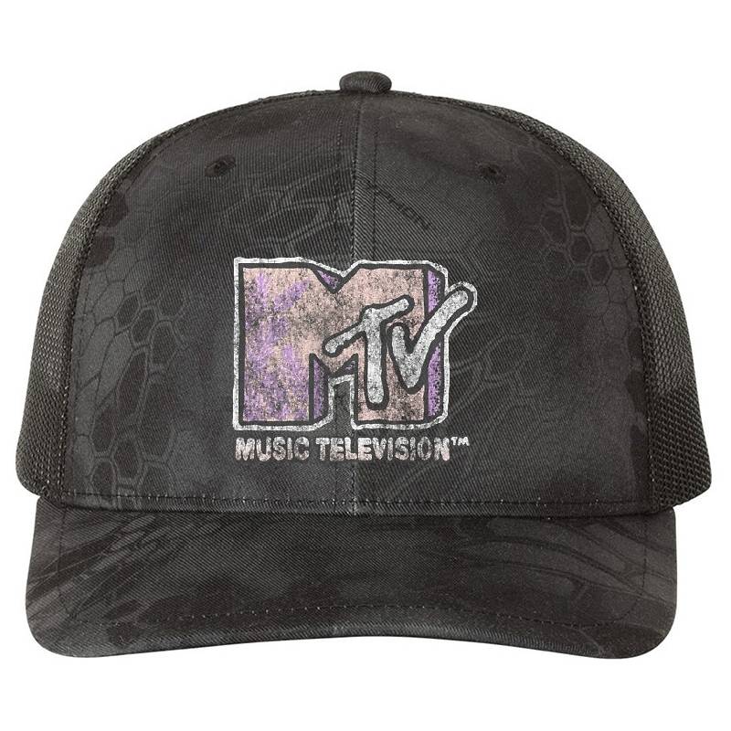 MTV Distressed Pink Pastel Palm Tree MTV Logo  Premium Flat Bill Snapback Caps