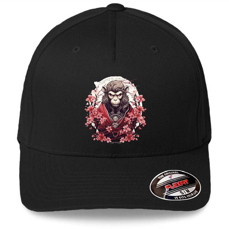 Monkey Samurai General in Red Sakura Premium Flat Bill Snapback Caps