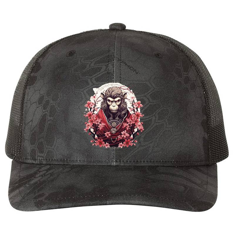 Monkey Samurai General in Red Sakura Premium Flat Bill Snapback Caps