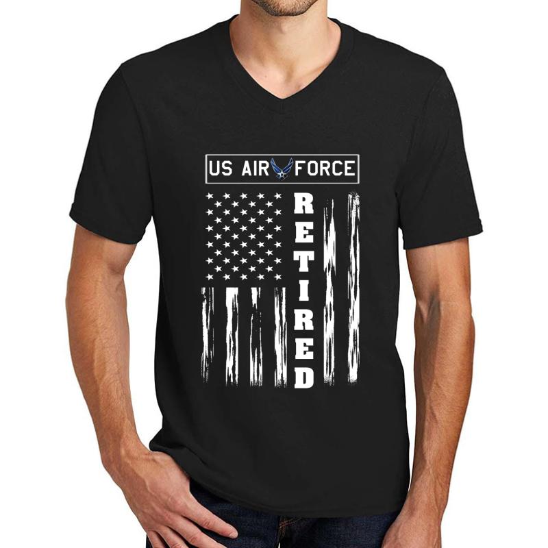 Us Air Force Retired - Distressed American Flag Tee Unisex V-Neck T-Shirt Men Black