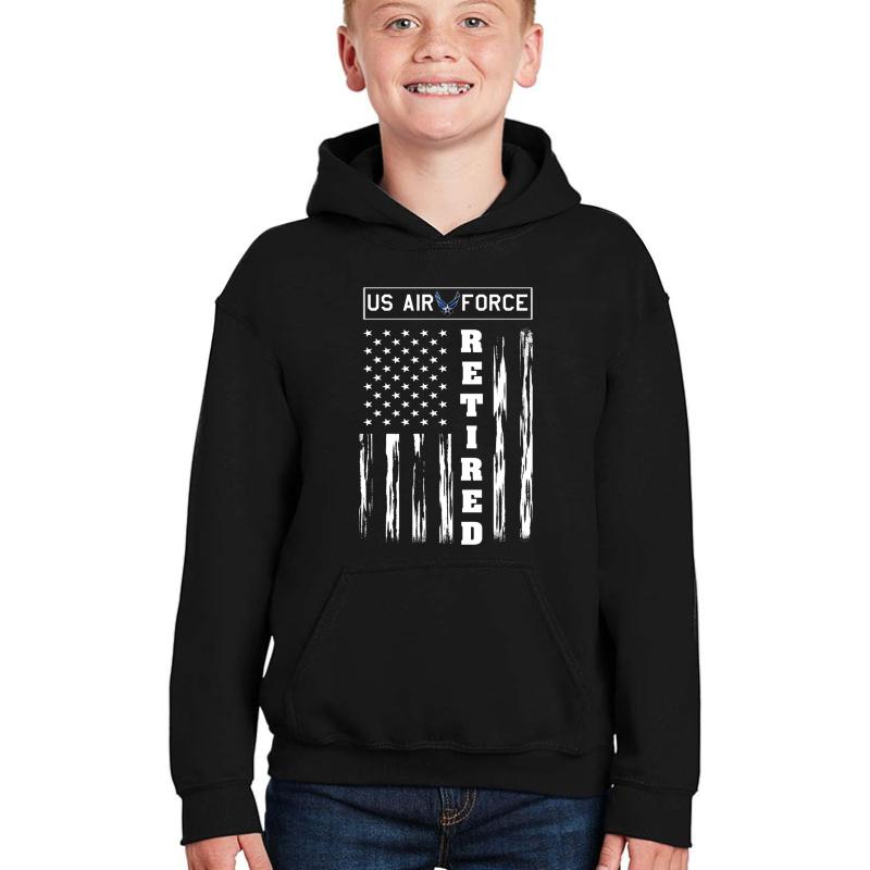 Us Air Force Retired - Distressed American Flag Tee Youth Hooded Sweatshirt Boy Black