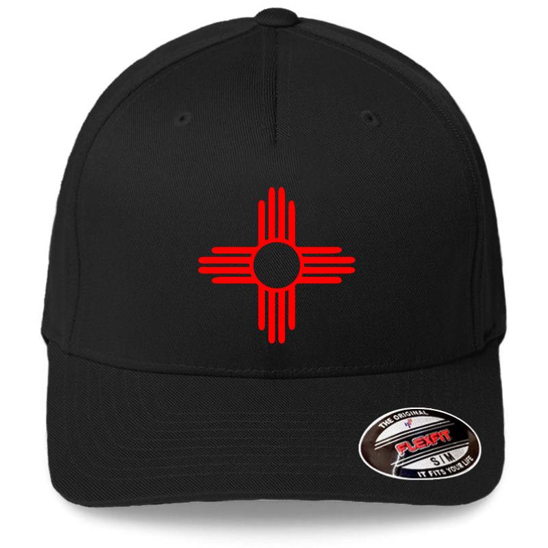 Zia Pueblo Sun Symbol Red  Flexfit Baseball Cap  Black