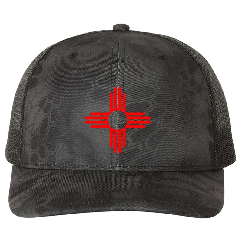 Zia Pueblo Sun Symbol Red  Richardson Premium Trucker Snapback Cap  Kryptek Typhon Black