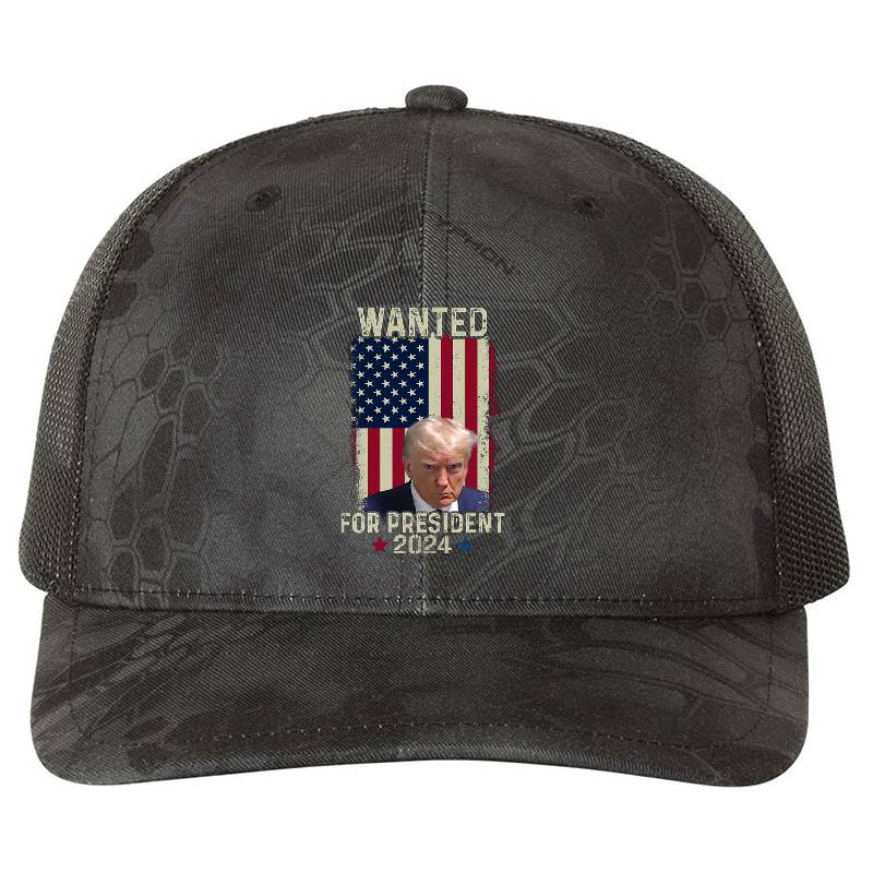 Wanted Donald Trump For President 2024 USA Flag Mug Shot Premium Flat Bill Snapback Caps