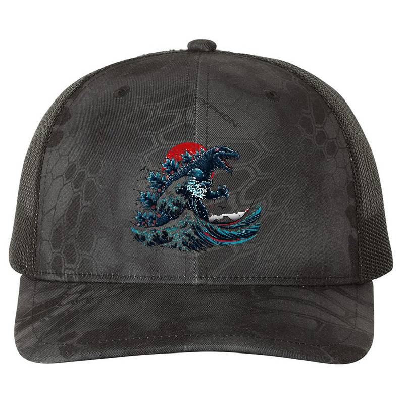vintage japanese godzilla great wave Premium Flat Bill Snapback Caps