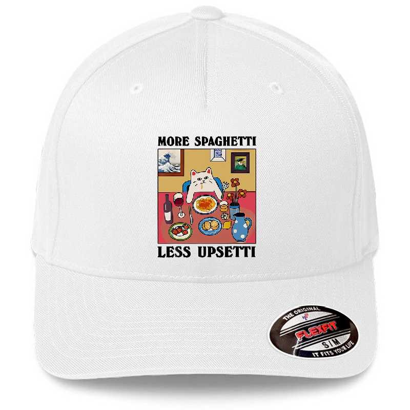 More Spaghetti Less Upsetti Funny Cute Cat Saying Quote T-Shirt designed and sold by egallagher-shop. Premium Flat Bill Snapback Caps