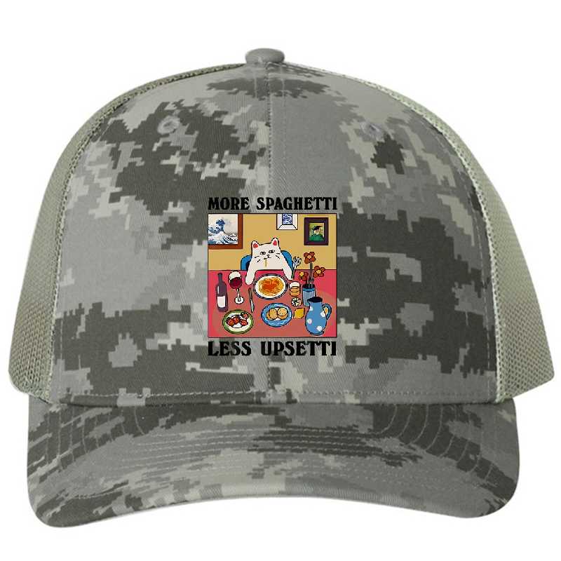 More Spaghetti Less Upsetti Funny Cute Cat Saying Quote T-Shirt designed and sold by egallagher-shop. Premium Flat Bill Snapback Caps