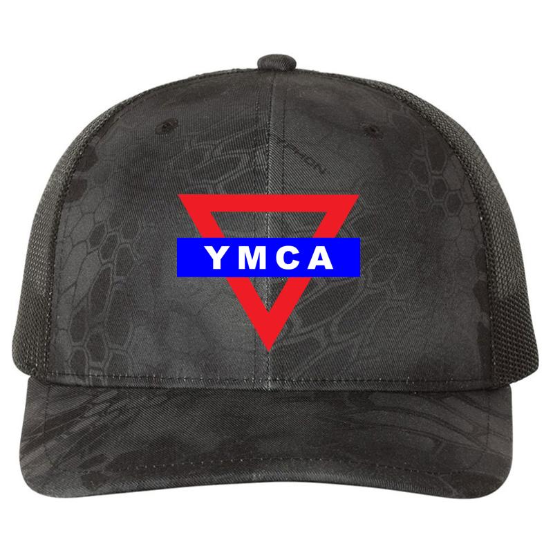 Ymca Triangle Logo Richardson Premium Trucker Snapback Cap  Kryptek Typhon Black