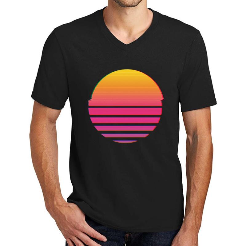 Vaporwave Outrun 80'S Retro Glitched Vhs Sun Unisex V-Neck T-Shirt Men Black