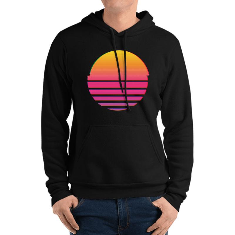 Vaporwave Outrun 80'S Retro Glitched Vhs Sun Unisex Hooded Sweatshirt Men Black