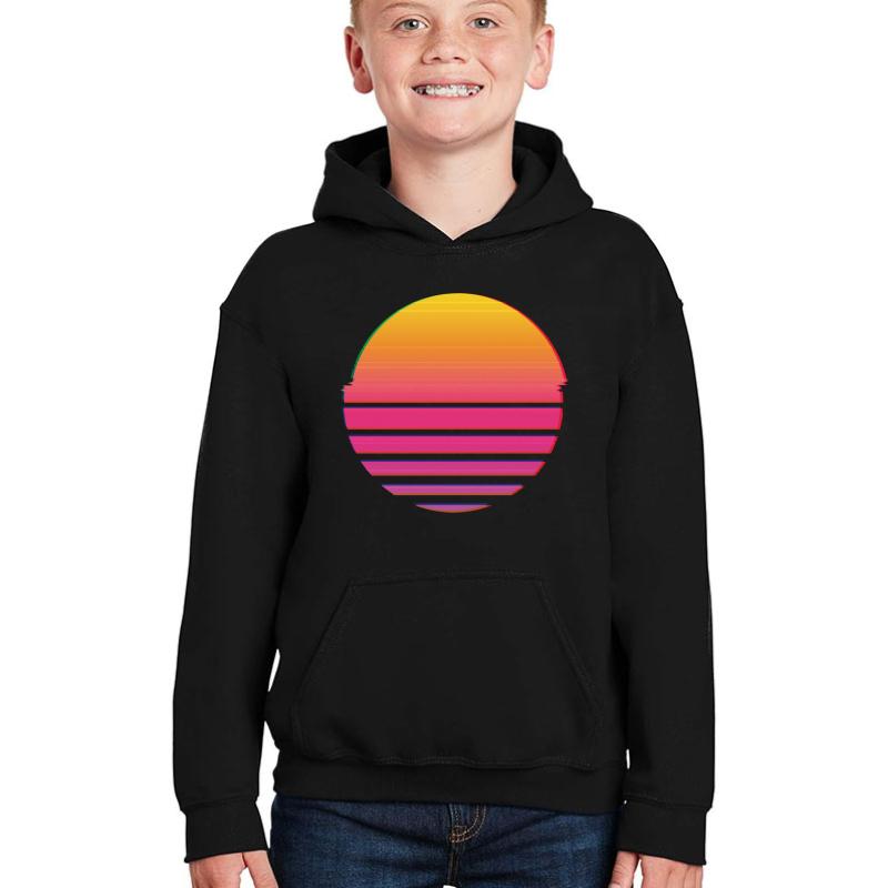 Vaporwave Outrun 80'S Retro Glitched Vhs Sun Youth Hooded Sweatshirt Boy Black