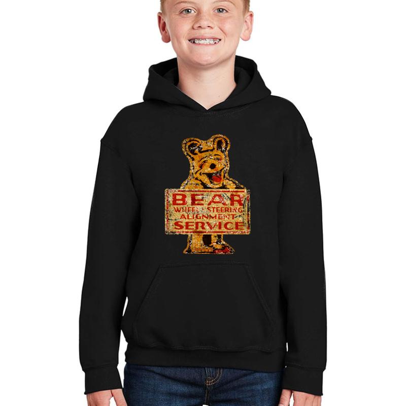 Vintage Rusted Burned And Rotten Bear Wheel Alignment Sign Youth Hooded Sweatshirt Boy Black