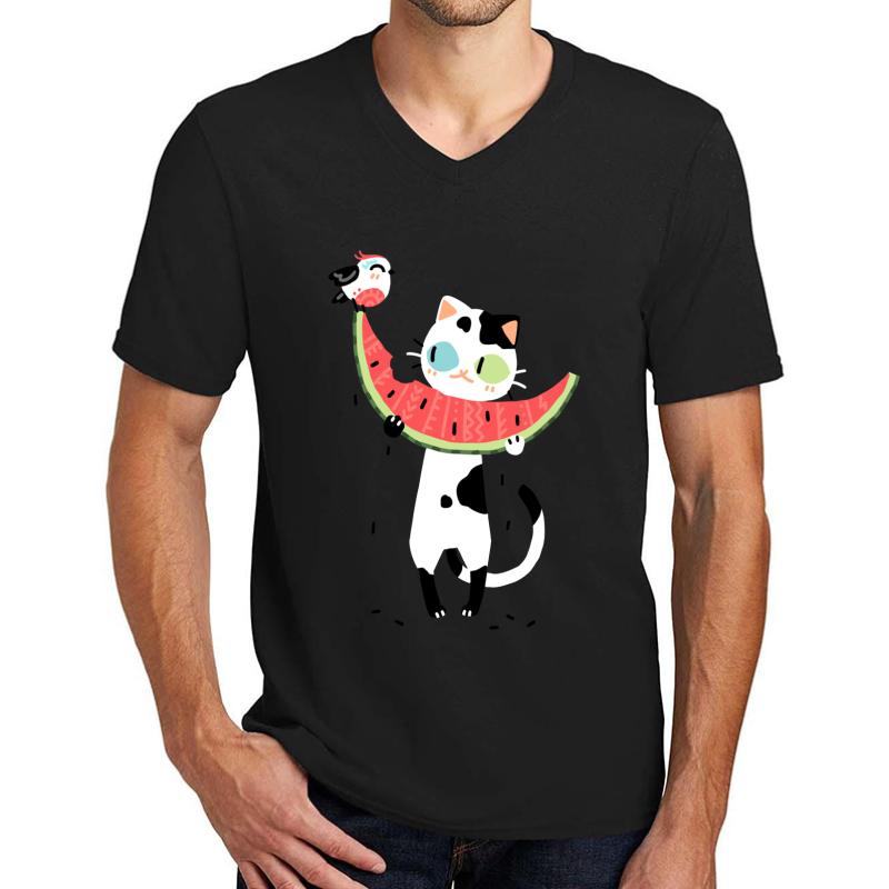 Watermelon Cat Unisex V-Neck T-Shirt Men Black