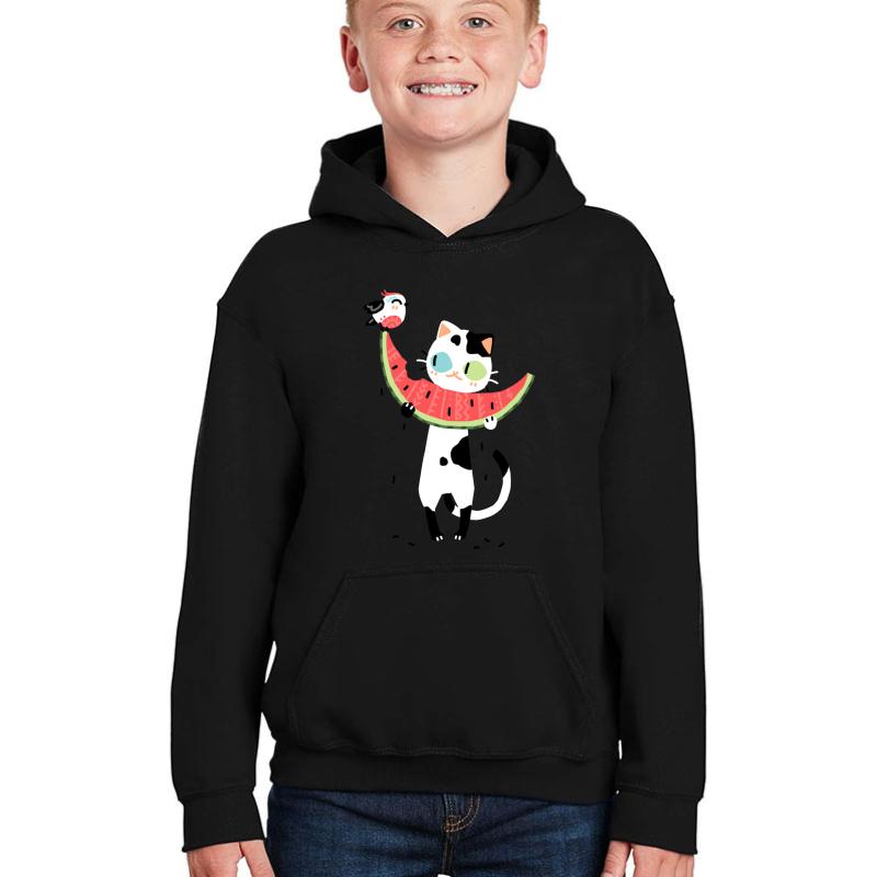 Watermelon Cat Youth Hooded Sweatshirt Boy Black