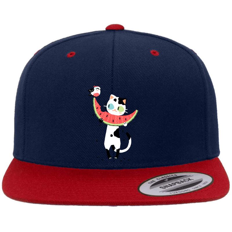 Watermelon Cat Premium Flat Bill Snapback Cap  Navy