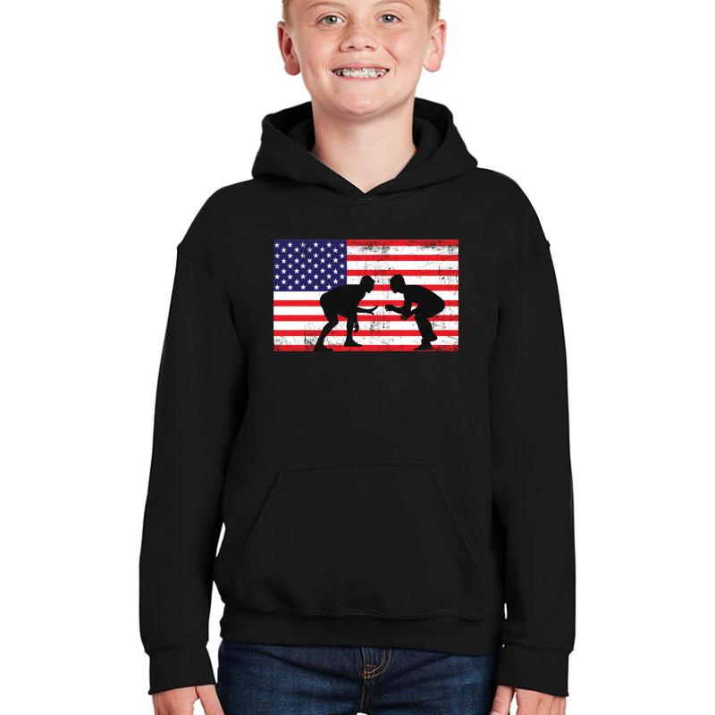 American Flag Wrestling Wrestling Gift Youth Hooded Sweatshirt Boy Black