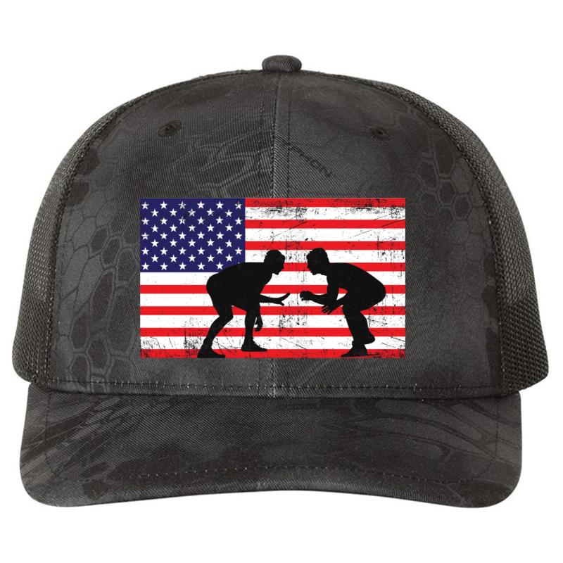 American Flag Wrestling Wrestling Gift Richardson Premium Trucker Snapback Cap  Kryptek Typhon Black