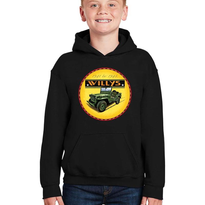 Willys Wartime Jeep Ww2 Youth Hooded Sweatshirt Boy Black