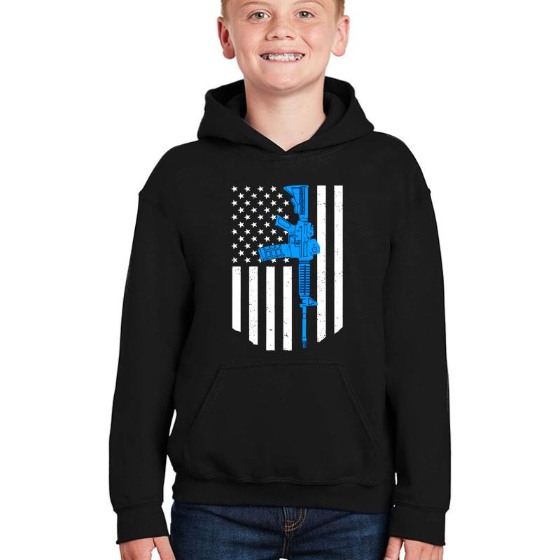 American Flag Ar15 Rifle Gun Gift Patriotic 2Nd Amendment Youth Hooded Sweatshirt Boy Black