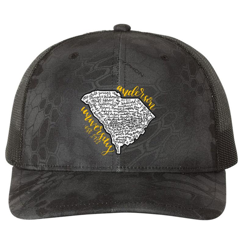 Anderson University Word Collage Richardson Premium Trucker Snapback Cap  Kryptek Typhon Black