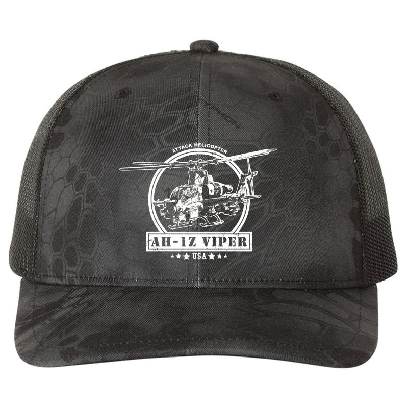 Ah-1Z Viper Attack Helicopter Richardson Premium Trucker Snapback Cap  Kryptek Typhon Black