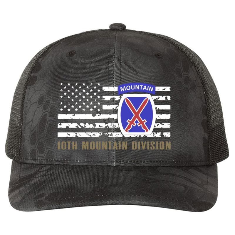 10Th Mountain Division Distressed Flag  Richardson Premium Trucker Snapback Cap  Kryptek Typhon Black