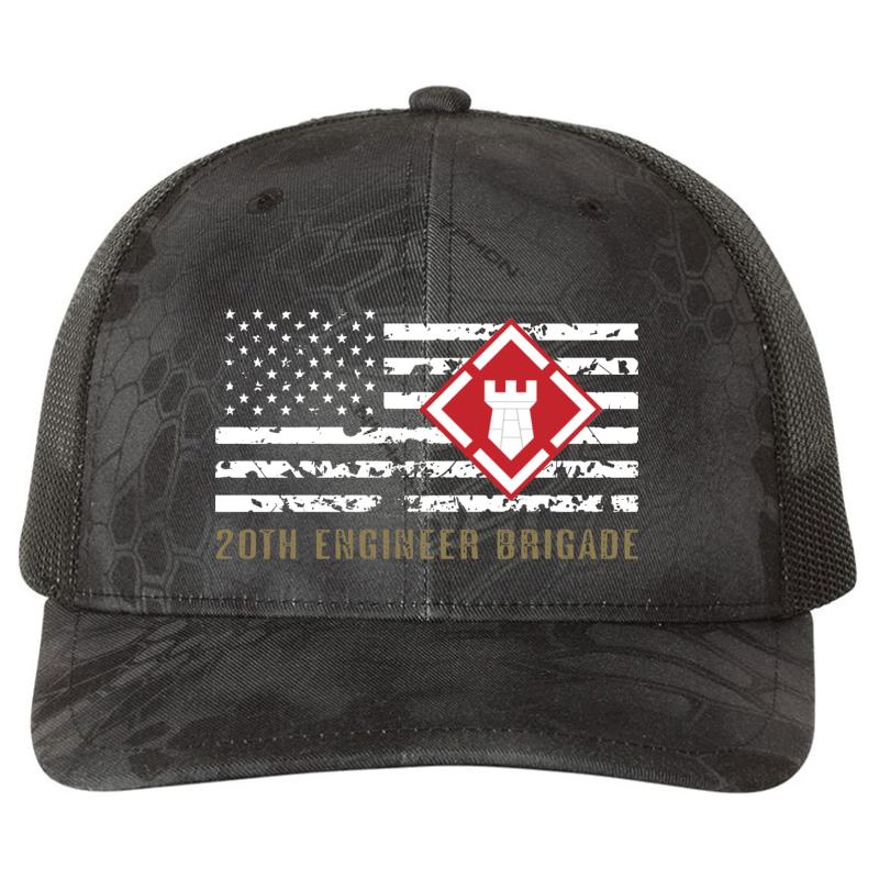 20Th Engineer Brigade Distressed Flag  Richardson Premium Trucker Snapback Cap  Kryptek Typhon Black